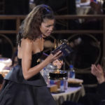
              Zendaya accepts the Emmy for outstanding lead actress in a drama series for "Euphoria" at the 74th Primetime Emmy Awards on Monday, Sept. 12, 2022, at the Microsoft Theater in Los Angeles. (AP Photo/Mark Terrill)
            