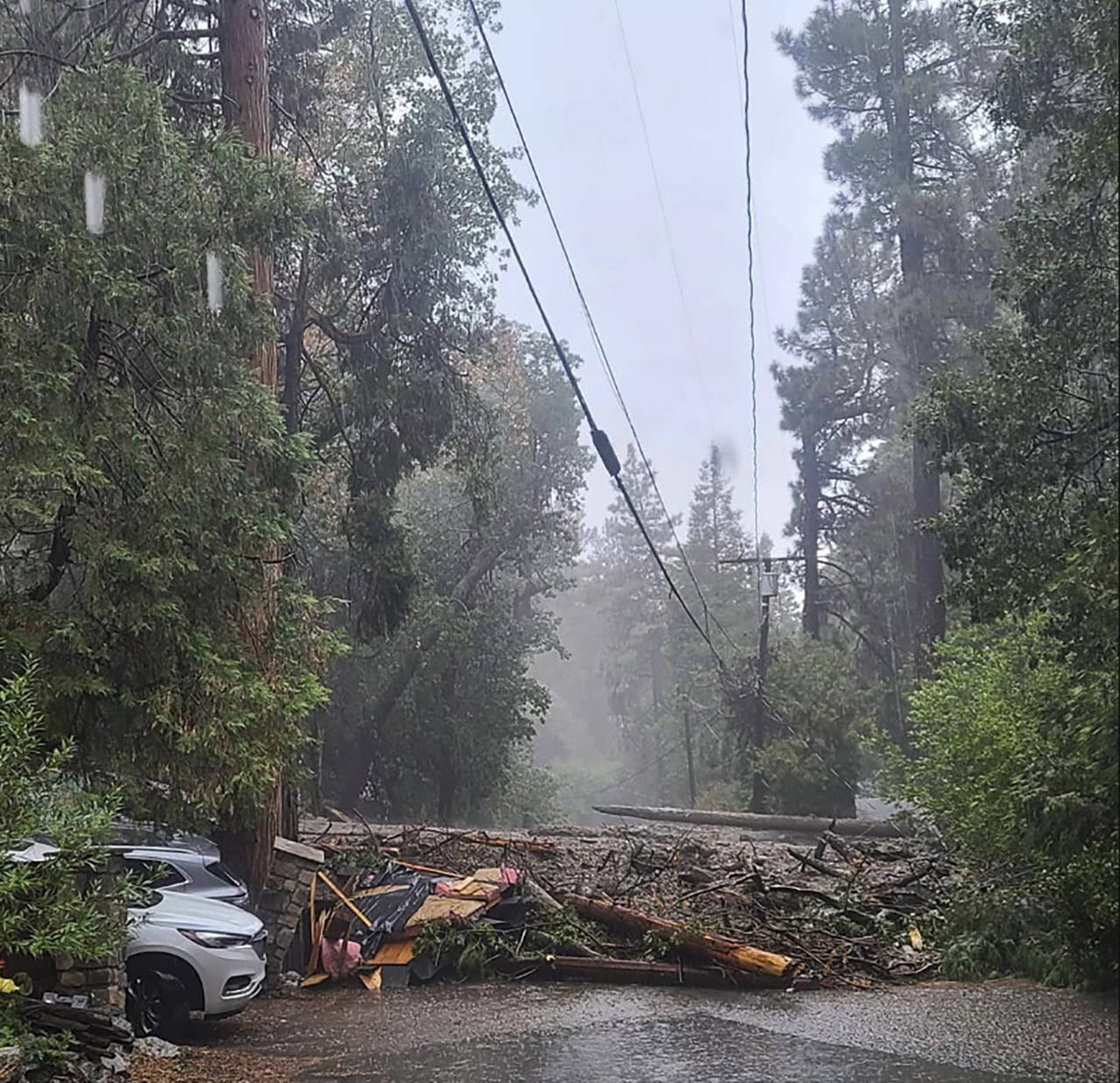 In this photo released by the San Bernardino County Fire Department, a fallen tree and other debris...