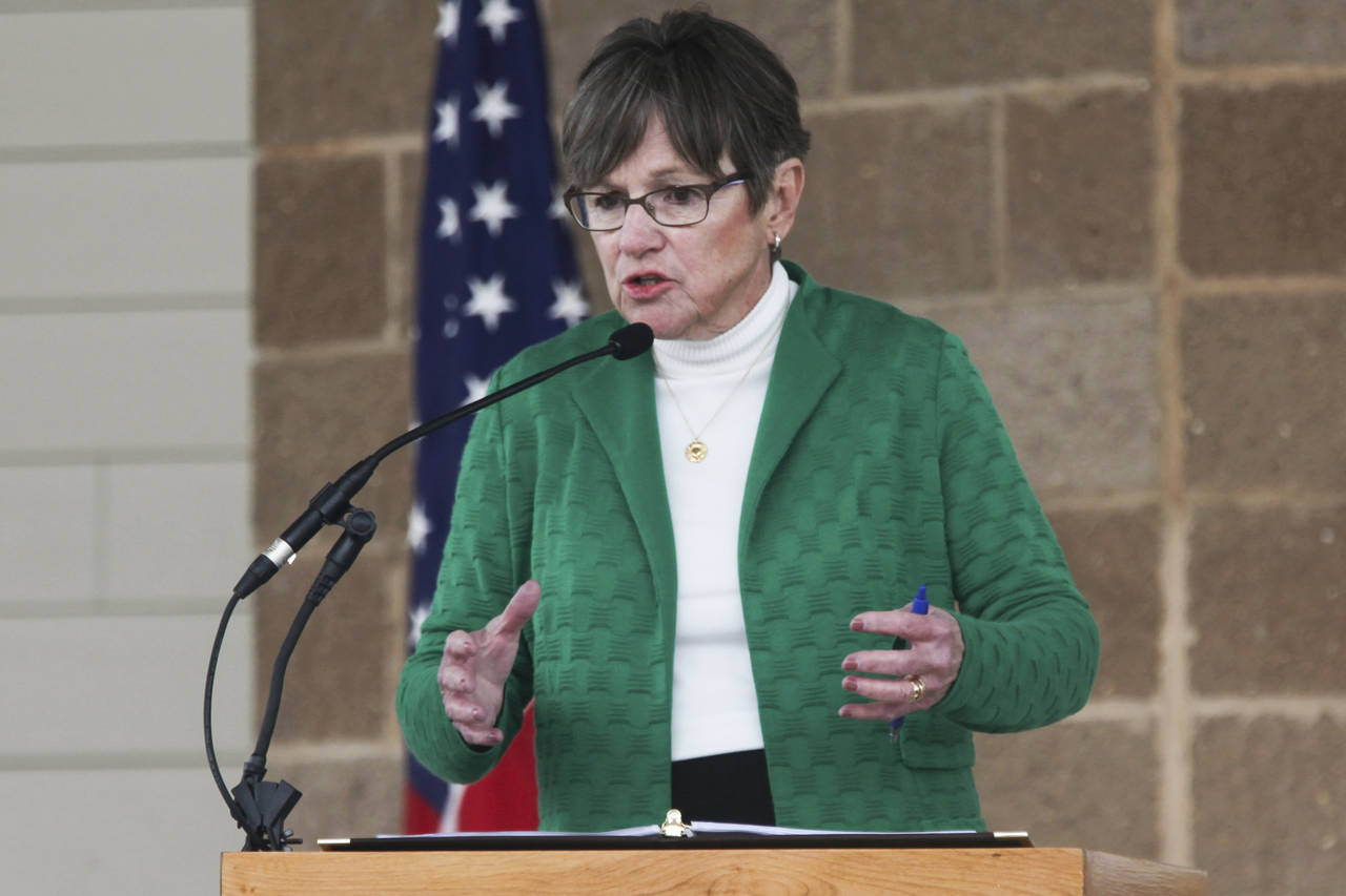 Kansas Gov. Laura Kelly speaks during a debate in her race for reelection at the Kansas State Fair,...