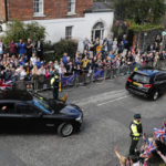 
              Britain's King Charles III waves to the public as he leaves after a visit to Hillsborough Castle, Northern Ireland, Tuesday, Sept. 13, 2022. (AP Photo/Peter Morrison)
            