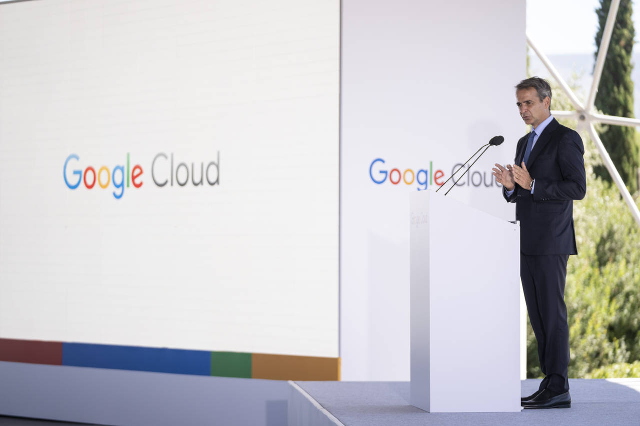 Greek Prime Minister Kyriakos Mitsotakis speaks at a Google Cloud event in Athens on Thursday, Sept...