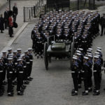 
              A gun carriage pulled by Royal Navy soldiers is brought to Westminster Hall to carry the coffin of Queen Elizabeth II for her funeral service in Westminster Abbey in central London, Monday Sept. 19, 2022. The Queen, who died aged 96 on Sept. 8, will be buried at Windsor alongside her late husband, Prince Philip, who died last year. (AP Photo/Nariman El-Mofty, Pool)
            