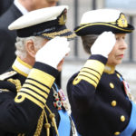 
              Britain's King Charles III and Princess Anne salute during the funeral of Queen Elizabeth II, in London Monday, Sept. 19, 2022. (Hannah McKay/Pool Photo via AP)
            