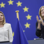 
              European Parliament President Roberta Metsola, right, applauses as she introduces to the European Parliament Olena Zelenska, the first lady of Ukraine in Strasbourg, eastern France, Wednesday, Sept. 14, 2022. (AP Photo/Jean-Francois Badias)
            