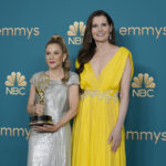 
              Madeline Di Nonno, left, and Geena Davis pose in the press room with the Governors award on behalf of the Geena Davis Institute on Gender in Media at the 74th Primetime Emmy Awards on Monday, Sept. 12, 2022, at the Microsoft Theater in Los Angeles. (AP Photo/Jae C. Hong)
            