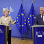 
              European Commission President Ursula von der Leyen, left, and European Union foreign policy chief Josep Borrell address a media conference at EU headquarters in Brussels on Wednesday, Sept. 28, 2022. The European Union's top diplomat says the bloc suspects that damage to two underwater natural gas pipelines was sabotage and is warning of retaliation for any attack on Europe's energy networks. (AP Photo/Olivier Matthys)
            