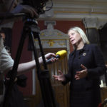 
              Swedish Prime Minister and leader of the Social Democrats, Magdalena Andersson, meets the media before a debate with her opponent, Ulf Kristersson, leader of the Moderate Party, in Stockholm on Saturday, Sept. 10, 2022, a day before general elections. (Fredrik Sandberg/TT News Agency via AP)
            