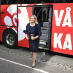 
              Swedish Prime Minister Magdalena Andersson disembarks the Social Democrats bus in the city of Norrtalje, Sweden, Sunday Sept. 4, 2022.  Andersson is on the campaign trail a week before the national election. She traveled by bus Sunday to communities near Stockholm seeking to win over voters concerned over gang violence and electricity bills that have risen painfully since Russia invaded Ukraine. (Jessica Gow/TT News Agency via AP)
            