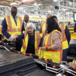 
              Treasury Secretary Janet L. Yellen tours the Ford Rouge Electric Vehicle Center before speaking about the Biden Administration's economic agenda in Dearborn, Mich., Thursday, Sept. 8, 2022. (AP Photo/Paul Sancya)
            