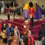 
              Members of the public file past the coffin of Queen Elizabeth II, draped in the Royal Standard with the Imperial State Crown and the Sovereign's orb and sceptre, lying in state on the catafalque in Westminster Hall, at the Palace of Westminster, in London, Sunday, Sept. 18, 2022, ahead of her funeral on Monday. (AP Photo/Vadim Ghirda, pool)
            