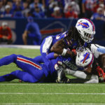 
              Buffalo Bills cornerback Dane Jackson, bottom, is injured on a play during the first half of an NFL football game against the Tennessee Titans, Monday, Sept. 19, 2022, in Orchard Park, N.Y. (AP Photo/Jeffrey T. Barnes)
            