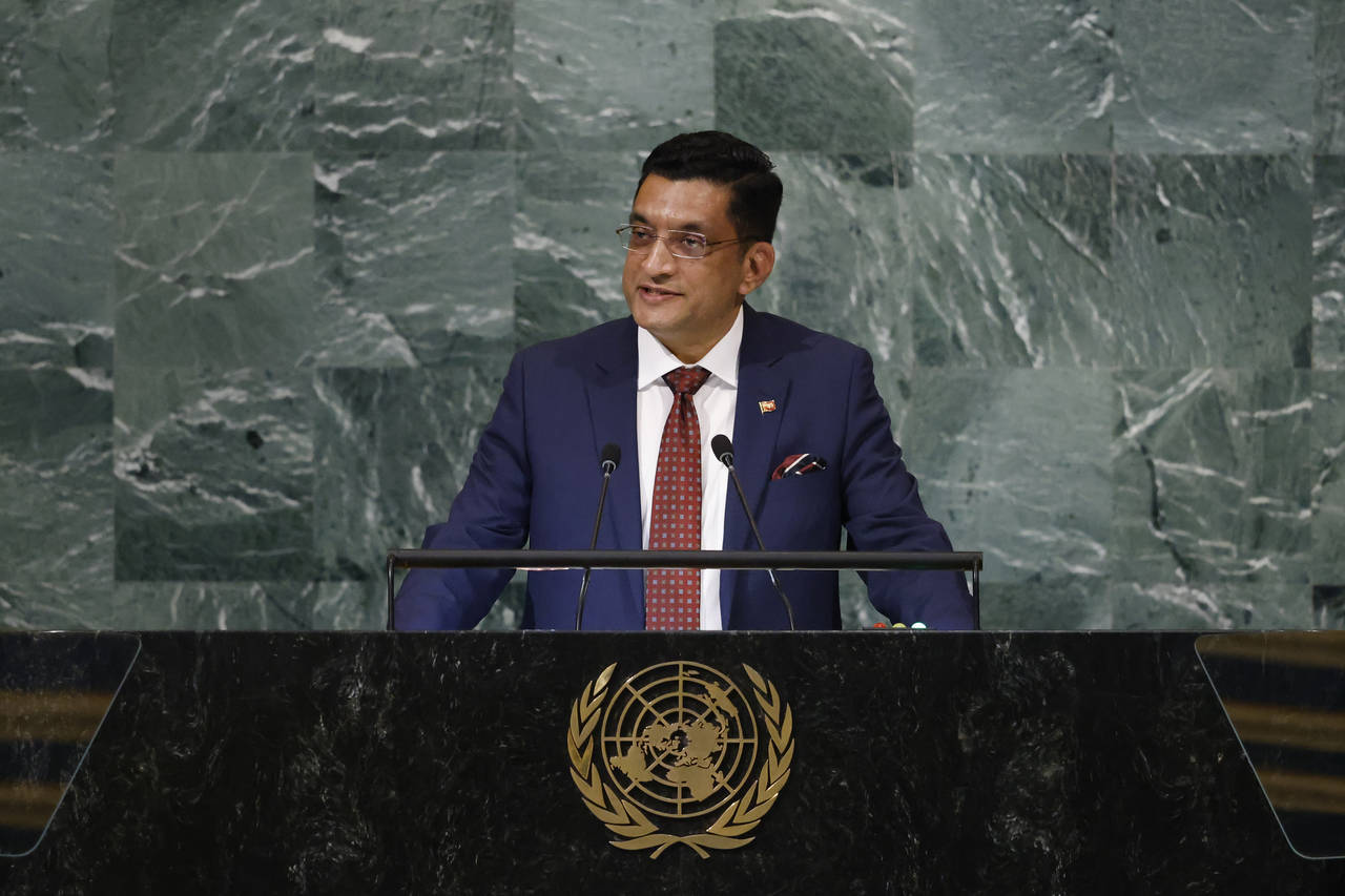 Foreign Minister of Sri Lanka Ali Sabri addresses the 77th session of the United Nations General As...