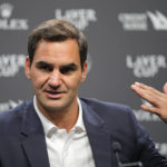 
              Switzerland's Roger Federer gestures during a media conference ahead of the Laver Cup tennis tournament at the O2 in London, Wednesday, Sept. 21, 2022. Federer will meet with the media Wednesday to discuss walking away from the game at age 41 after 20 Grand Slam titles. (AP Photo/Kin Cheung)
            