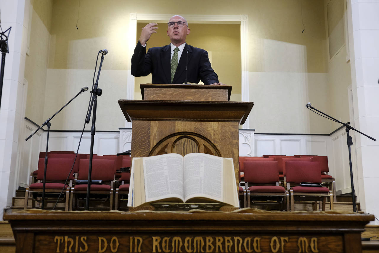 Pastor Bart Barber, president of the Southern Baptist Convention, preaches from the pulpit of the F...
