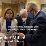 This exhibit from video released by the House Select Committee, shows House Speaker Nancy Pelosi of Calif., then-Senate Minority Leader Chuck Schumer of N.Y., right, and Rep. Steny Hoyer, D-Md., talking on the phone to acting Defense Secretary Christoper Miller, displayed at a hearing by the House select committee investigating the Jan. 6 attack on the U.S. Capitol, Thursday, Oct. 13, 2022, on Capitol Hill in Washington. (House Select Committee via AP)