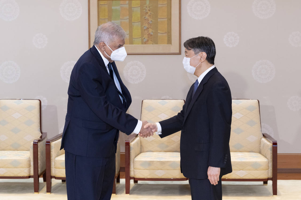 This handout photo taken and provided by the Imperial Household Agency of Japan shows Sri Lanka's P...