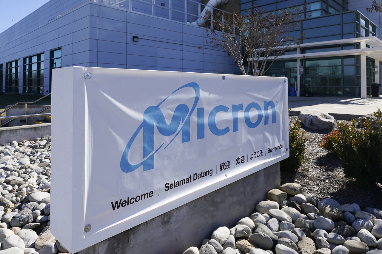 FILE - A sign marks the entrance of the Micron Technology automotive chip manufacturing plant on Fe...
