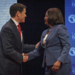 
              U.S. Sen. Marco Rubio, R-Fla., and his challenger, U.S. Rep. Val Demings, D-Fla., greet each other before a televised debate at Duncan Theater on the campus of Palm Beach State College in Palm Beach County, Fla., on Tuesday, Oct. 18, 2022. (Thomas Cordy/The Palm Beach Post via AP, Pool)
            