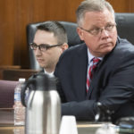 
              Paul Bellar awaits the verdict in his trial on Wednesday, Oct. 26, 2022, at the Jackson County Courthouse in Jackson, Mich. Bellar, Joseph Morrison and Pete Musico are accused of being involved in a plot to kidnap Michigan Gov. Gretchen Whitmer. The three were found guilty of one felony count each of gang membership, providing material support for terrorist acts and felony firearms. (J. Scott Park/Jackson Citizen Patriot via AP, Pool)
            