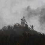 
              A monument of Fyodor Sergeyev, Soviet revolution 1917 movement member on a hill, in the liberated town of Sviatohirsk, Donetsk region, Ukraine, Saturday, Oct. 29, 2022. (AP Photo/Andriy Andriyenko)
            