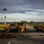 
              Remains of a destroyed Russian tank are scattered on the ground along the road between Izium and Kharkiv, Ukraine, Monday, Oct. 3, 2022. (AP Photo/Francisco Seco)
            