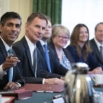 
              Britain's Prime Minister Rishi Sunak, left, alongside the Chancellor of the Exchequer, Jeremy Hunt, second left, holds his first Cabinet meeting in Downing street in London, Wednesday, Oct. 26, 2022. (Stefan Rousseau/Pool Photo via AP)
            