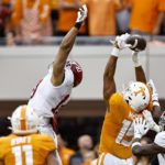 
              Tennessee wide receiver Bru McCoy (15) tries to catch a Hail Mary pass during the first half of an NCAA college football game against Alabama Saturday, Oct. 15, 2022, in Knoxville,  Tenn. (AP Photo/Wade Payne)
            