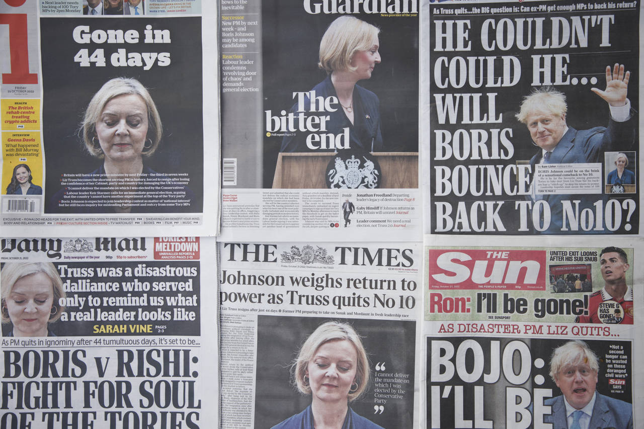 A selection of the front pages of British national newspapers showing the reaction the the resignat...