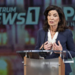 
              Incumbent Democratic Gov. Kathy Hochul participates in a debate against Republican challenger U.S. Rep. Lee Zeldin hosted by Spectrum News NY1 and WNYC, Tuesday, Oct. 25, 2022, at Pace University in New York. (AP Photo/Mary Altaffer, Pool)
            