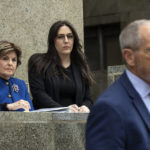 
              Kelsey Harbert, center, sexual assault accuser of Cuba Gooding Jr., and her lawyer Gloria Allred, left, listen to Cuba Gooding Jr.'s lawyer Frank Rothman speaking to the media outside Manhattan Criminal Court, Thursday, Oct 13, 2022, in New York. Gooding  resolved his New York City forcible touching case Thursday with a guilty plea to a lesser charge and no jail time after complying with the terms of a conditional plea agreement reached in April. (AP Photo/Yuki Iwamura)
            