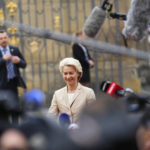 
              European Commission President Ursula von der Leyen speaks with the media as she arrives for an EU Summit at Prague Castle in Prague, Czech Republic, Friday, Oct 7, 2022. European Union leaders converged on Prague Castle Friday to try to bridge significant differences over a natural gas price cap as winter approaches and Russia's war on Ukraine fuels a major energy crisis. (AP Photo/Petr David Josek)
            