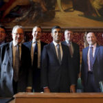 
              Britain's Rishi Sunak, centre, poses for a photo with members of the 1922 Committee, in the Houses of Parliament, after it was announced he will become the new leader of the Conservative party, in London, Monday, Oct. 24, 2022.  Former Treasury chief Sunak, is set to become Britain’s next prime minister after winning the Conservative leadership race. (Stefan Rousseau/PA via AP)
            