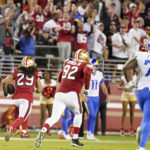 
              San Francisco 49ers safety Talanoa Hufanga (29) returns an interception for a touchdown during the second half of an NFL football game against the Los Angeles Rams in Santa Clara, Calif., Monday, Oct. 3, 2022. (AP Photo/Godofredo A. Vásquez)
            