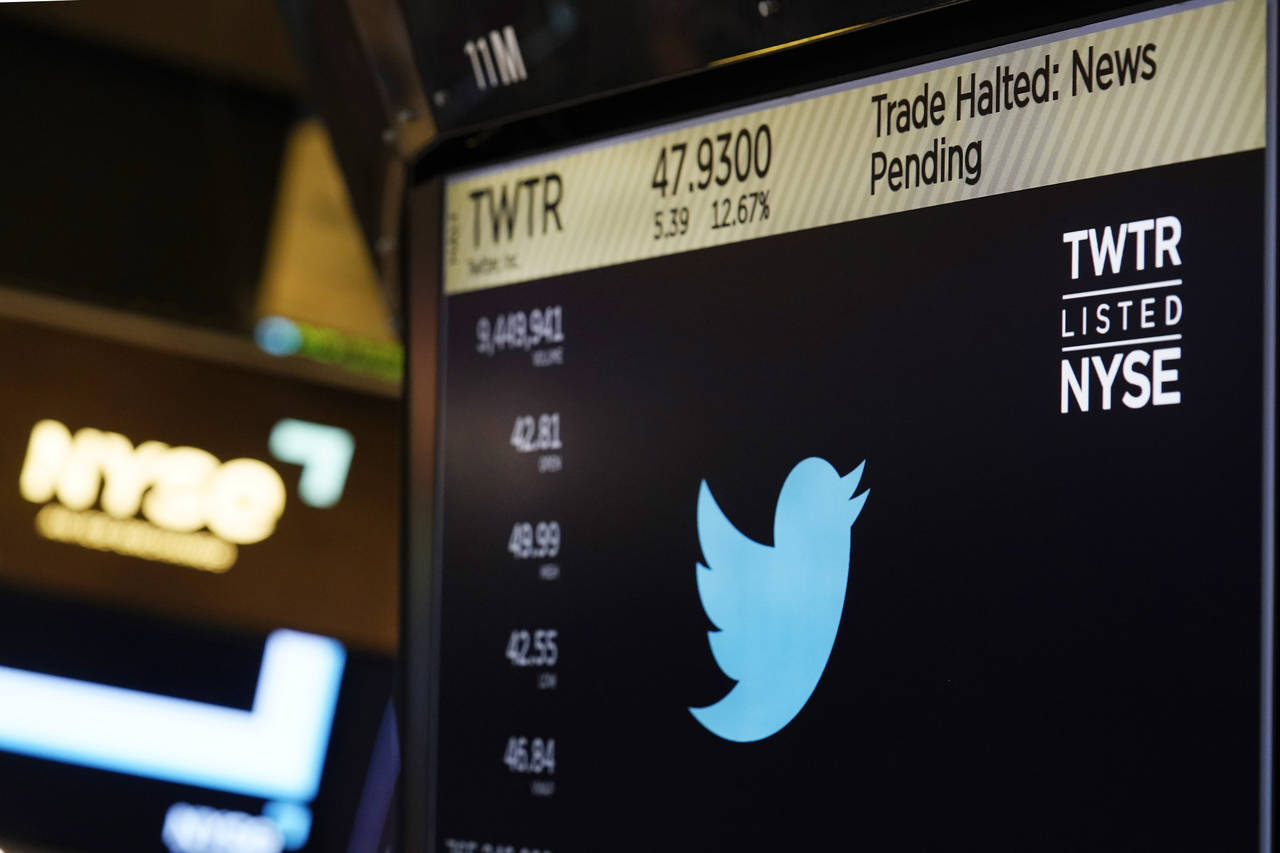 The symbol for Twitter appears above a trading post on the floor of the New York Stock Exchange, Tu...