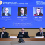 
              From left, Tore Ellingsen, Hans Ellegren and John Hassler members of the Royal Swedish Academy of Sciences announce the Sveriges Riksbank Prize in Economic Sciences in Memory of Alfred Nobel 2022, during a press conference at the Royal Swedish Academy of Sciences in Stockholm, Sweden, Monday, Oct. 10, 2022. From left on screen Ben S. Bernanke, Douglas W. Diamond and Philip H. Dybvig have been awarded 2022's Nobel Prize in economic sciences. (Anders Wiklund/TT News Agency via AP)
            