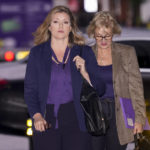 
              Conservative Party leadership candidate Penny Mordaunt, left, and Andrea Leadsom arrive at the BBC studios, in London, Sunday, Oct. 23, 2022. While the opposition Labour Party is demanding an election, the governing conservatives are pushing on with choosing another prime minister from within their own ranks, which they have the right to do because of the way Britain's parliamentary democracy works. (AP Photo/Alberto Pezzali)
            