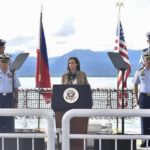 In this photo provided by the Philippine Coast Guard, U.S. Vice President Kamala Harris speaks on board the Philippine Coast Guard BRP Teresa Magbanua (MRRV-9701) during her visit to Puerto Princesa, Palawan province, western Philippines on Tuesday, Nov. 22, 2022. (Philippine Coast Guard via AP)