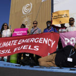 
              Demonstrators protest against fossil fuels at the COP27 U.N. Climate Summit, Friday, Nov. 11, 2022, in Sharm el-Sheikh, Egypt. (AP Photo/Peter Dejong)
            