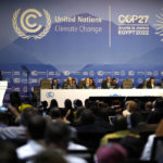 
              FILE - Sameh Shoukry, president of the COP27 climate summit, left, speaks during an opening session at the COP27 U.N. Climate Summit, Sunday, Nov. 6, 2022, in Sharm el-Sheikh, Egypt. Nearly 50 heads of states or governments on Monday will take the stage in the first day of “high-level” international climate talks in Egypt with more to come in following days. (AP Photo/Peter Dejong, File)
            