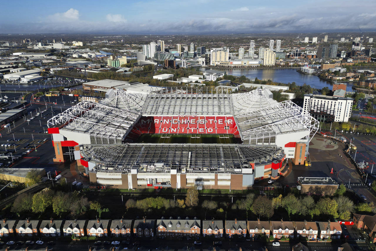 A photograph taken using a drone shows Manchester United's Old Trafford stadium after owners the Gl...