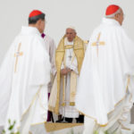 
              Pope Francis arrives to celebrate mass at the Bahrain National Stadium in Riffa, Bahrain, Saturday, Nov. 5, 2022. Pope Francis is making the November 3-6 visit to participate in a government-sponsored conference on East-West dialogue and to minister to Bahrain's tiny Catholic community, part of his effort to pursue dialogue with the Muslim world. (AP Photo/Alessandra Tarantino)
            