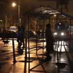 
              People wait at a tram stop during a blackout in Kyiv, Ukraine, Sunday, Nov. 6, 2022. (AP Photo/Andrew Kravchenko)
            