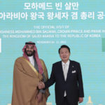 
              Saudi Arabian Crown Prince Mohammed bin Salman, left, shakes hands with South Korean President Yoon Suk Yeol before a meeting at the presidential residence in Seoul, South Korea, Thursday, Nov. 17, 2022. (South Korean Presidential Office/Yonhap via AP)
            