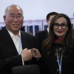 
              Xie Zhenhua, China's special envoy for climate, left, and Sherry Rehman, minister of climate change for Pakistan, pose for photos during a break in a closing plenary session at the COP27 U.N. Climate Summit, Sunday, Nov. 20, 2022, in Sharm el-Sheikh, Egypt. (AP Photo/Peter Dejong)
            