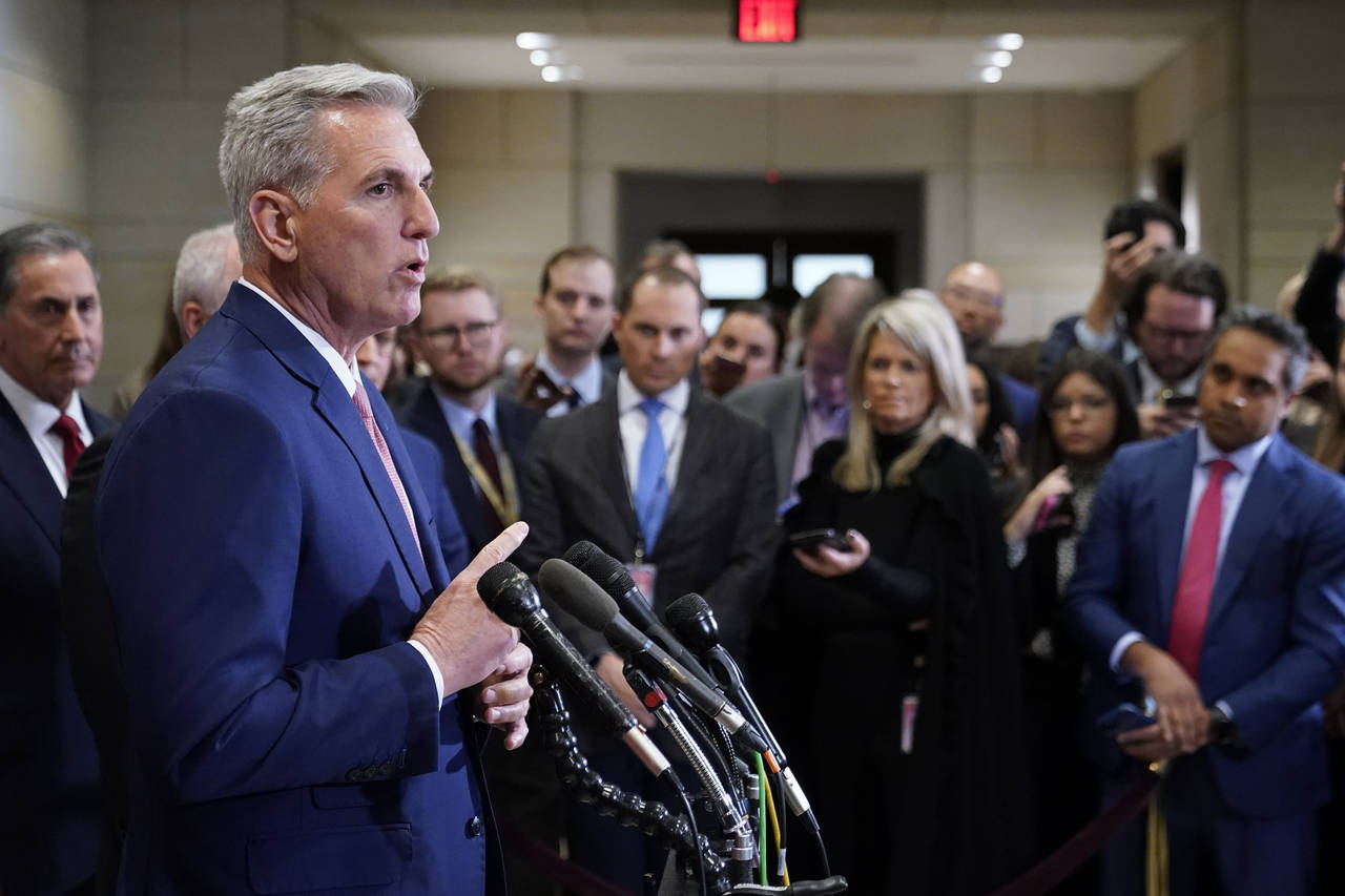 House Minority Leader Kevin McCarthy of Calif., speaks with journalists after winning the House Spe...