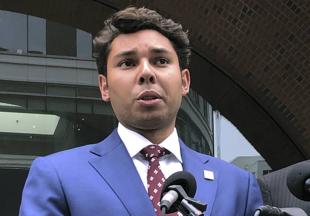 FILE - Fall River Mayor Jasiel Correia speaks outside the federal courthouse in Boston after his ap...