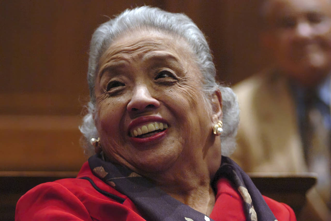 FILE - Cecilia Marshall, widow of Supreme Court Justice Thurgood Marshall, laughs while watching a ...