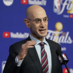 
              FILE  -NBA Commissioner Adam Silver speaks at a news conference before Game 1 of basketball's NBA Finals between the Golden State Warriors and the Boston Celtics in San Francisco, Thursday, June 2, 2022. NBA Commissioner Adam Silver wants an apology and Kyrie Irving still isn’t going to give one. Shortly after the NBA Commissioner said Irving “made a reckless decision” by tweeting out a link to a film containing antisemitic material last week, the Brooklyn Nets guard again stopped short of saying he was sorry for doing so. (AP Photo/Jeff Chiu, File)
            