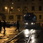 
              A tram arrives at a tram stop during a blackout in Kyiv, Ukraine, Sunday, Nov. 6, 2022. (AP Photo/Andrew Kravchenko)
            