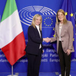 
              European Parliament President Roberta Metsola, right, greets Italian Prime Minister Giorgia Meloni at the European Parliament in Brussels, Thursday, Nov. 3, 2022. New Italian Prime Minister Giorgia Meloni visits EU officials on Thursday, and it is no ordinary visit of the leader of a European Union founding nation to renew unshakable bonds with the 27-nation bloc. (AP Photo/Olivier Matthys)
            